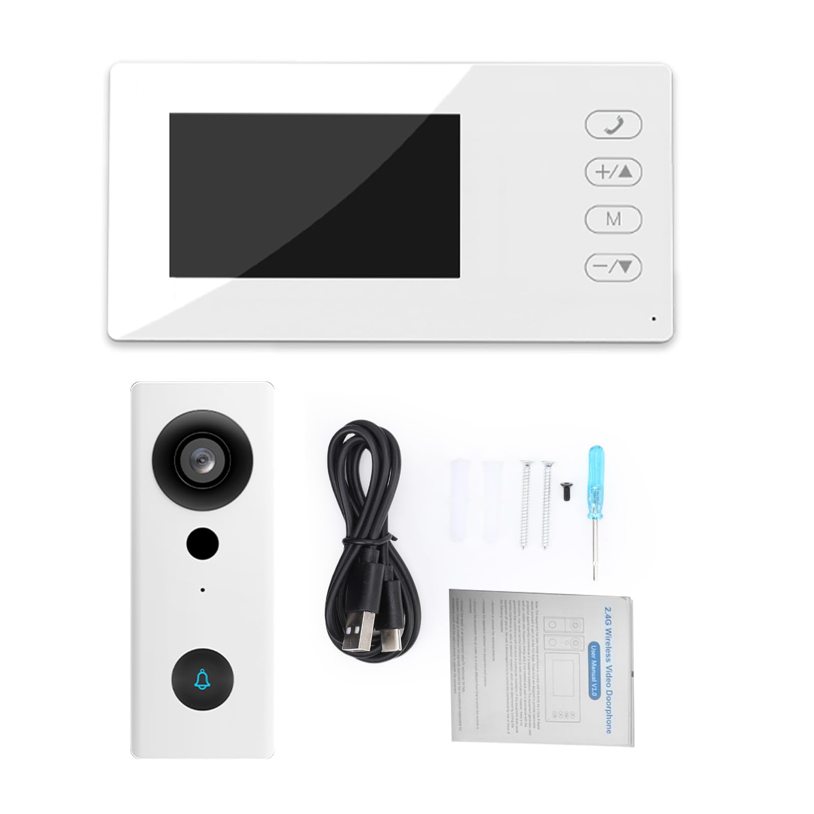 Videocitofono Wireless 2.4G con Schermo Display Kit Videocitofono con Schermo IPS 4,3 Pollici Visualizzazione Notturna Citofono Bidirezionale per Villa Home Office Appartamento (Bianco)