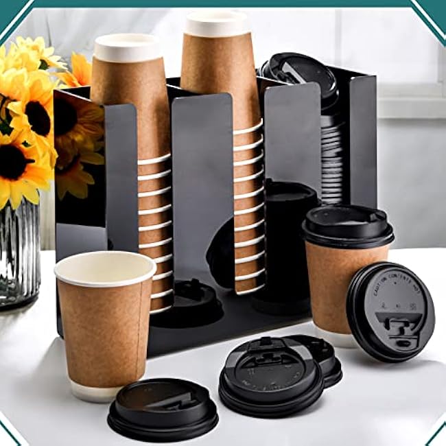 3 Compartments Acrylic Coffee Cup Dispenser Organizer Paper Cup Lid Sleeve Holder Organizer Coffee Shop Supplies Holder Storage for Counter Wall(Black)