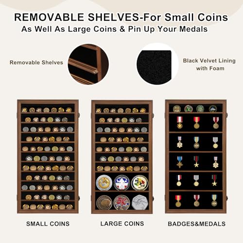 Image of Jinchuan Military Challenge Coin Display Case Lockable Cabinet Rack Shadow Box with Removable 2 Grooves Shelves and Anti Fade Acrylic Glass for Casino Poker Chips Collectibles, Extra Large - Walnut