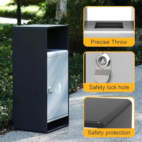 Image of Commercial Outdoor Trash Can with Lid,Rust-Resistant Waterproof Windproof Garbage Can with Removable Inner Barrel, Lockable Stainless Steel Trash Bin for Patio Hotel Park Garden
