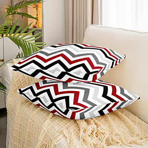 Loussiesd Set of 2 Abstract Throw Pillow Covers Cushion Case for Home Living Room Decor Reversible Geometric Strip Lines White Red Grey Blue Decorative Throw Cushion Case 20x20 Inch - Image 3
