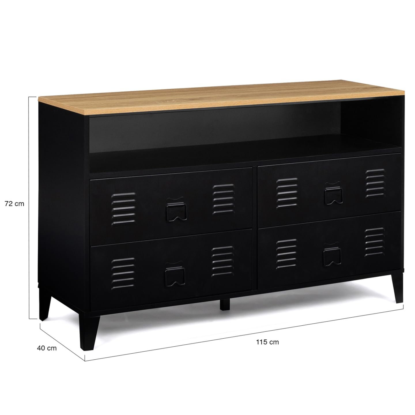 IDMarket - Commode 4 tiroirs Ester 115 cm métal Noir et Plateau façon hêtre avec Niche Design Industriel