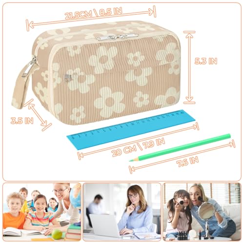 Image of WOBAGMEN Cute Pencil Case,Large Corduroy Zippered Pencil Case Pouch, aesthetic Pencil Bag with Compartments, Pencil Pouch School Supplies (HY-corduroy pc-brown floral)