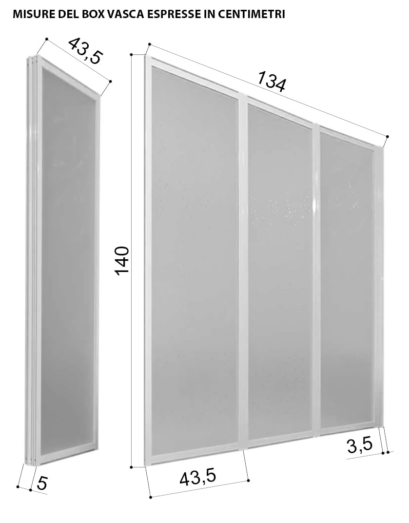 Box parete vasca doccia sopravasca cm.133/134, pieghevole a 3 ante