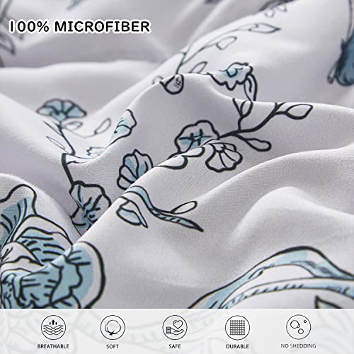 Yogeneg Botanical King Size Comforter Set Queen Size 7 Pcs Bed In A Bag,Aqua Green Leaves Floral Bird Printed On White Reversible Design,Soft Microfiber Bedding Complete Set For All Season(Aqua,King) #TOP4