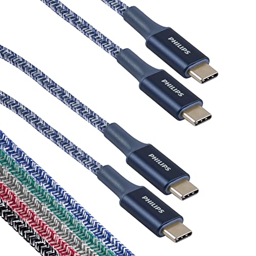 Philips 6 Ft. 2 Pack USB Type C Cable, USB-C to USB-C Blue Braided Fast Charging Cable, Compatible with iPad Pro, MacBook Pro, Samsung Galaxy S21/S10/S9/S8/Plus, Google Pixel 5/C/3/2/XL, DLC5226UC/37
