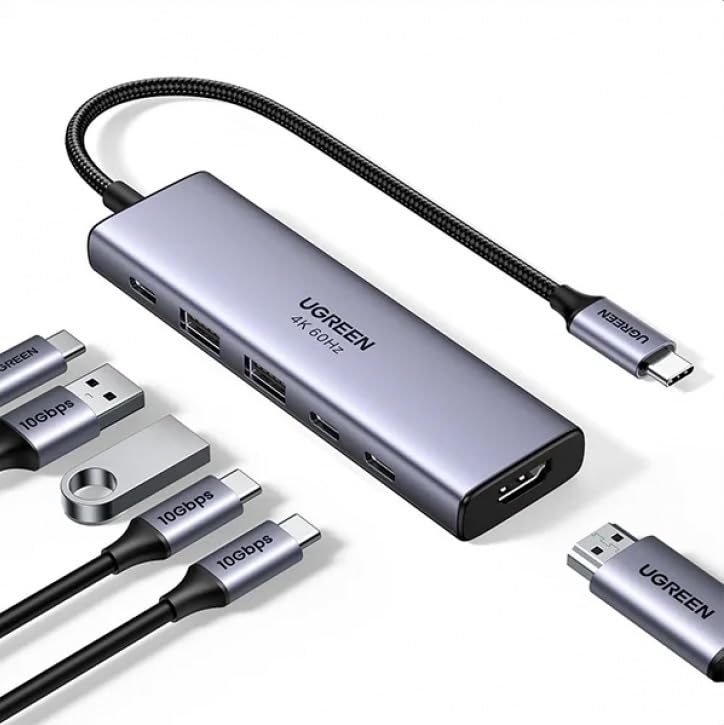 Hub Adaptador USB-C UGREEN 6 em 1, HDMI, 2x USB 3.2, USB-C, Cinza 35999