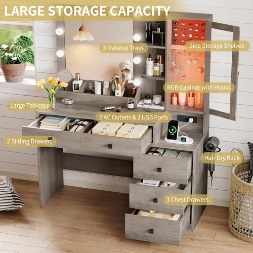 Image of Xixini Vanity Desk with Mirror and Lights, Makeup Vanity Table Set with 5 Storage Drawers, Power Outlet, Small Dressing Table with RGB Ambient Light, Adjustable Brightness for Girls Bedroom, Grey