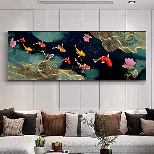 Peinture Murale Art Neuf Poissons Feng Shui et gravure toile carpe lotus 50x150cm