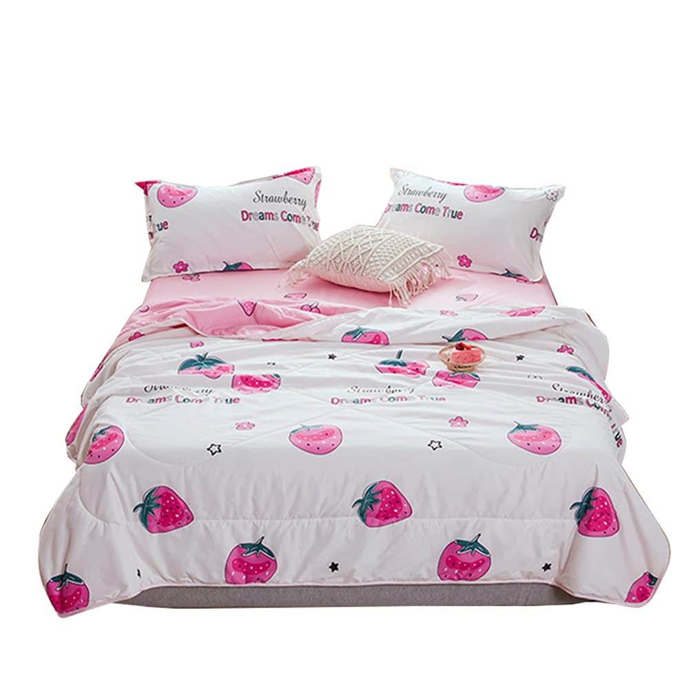 Surwin White Strawberry Microfiber Quilted Bedspread Single Double King Size Bed, Nordic Cute Printed Coverlets Quilt, Soft Lightweight Easy Care Sofa Throws Patchwork Blanket (,150X200cm)