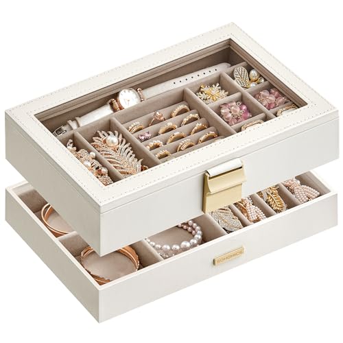 SONGMICS Stackable Jewelry Trays, 4-Tier Jewelry Box, Drawer Jewelry Organizer, with Glass Lid, Removable Dividers, for Vanity Table, 6.7 x 11 x 7.2 Inches, Gift Idea, Cloud White UJBC164W01
