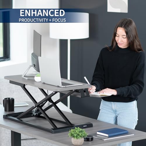 Image of VIVO 32 inch Desk Converter, K Series, Height Adjustable Sit to Stand Riser, Dual Monitor and Laptop Workstation with Wide Keyboard Tray, Gray Top, Black Frame, DESK-V000KG