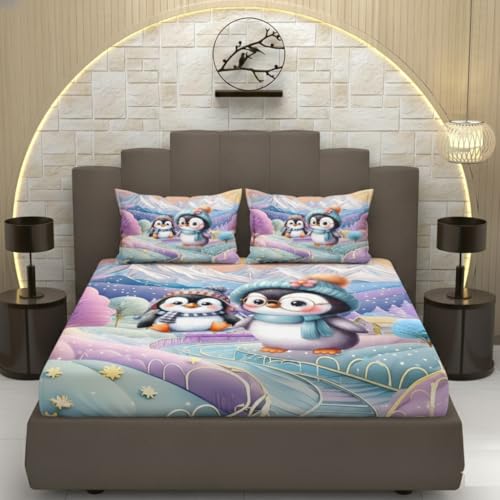 Image of Premium 7D Printed King Size Bedsheet Set with Pillow Covers Soft Cotton Blend Double Bedsheet for Home (Pillow Covers :18x28 inches Bedsheet :90x100 Purple,Blue)