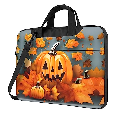 Funda para portátil de 15.6 pulgadas verde azulado con estampado de calabazas y hojas de otoño