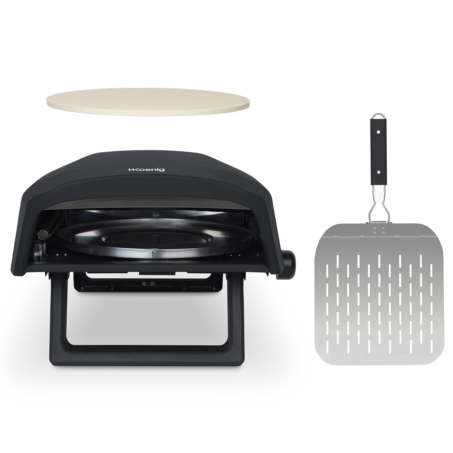 H.Koenig GINO640 piec do pizzy gazowy, stal nierdzewna, 32 cm, powierzchnia obrotowa o 360 stopni, kamień Cordierite, do 500°C, składane nóżki, łopatka do pizzy i regulator