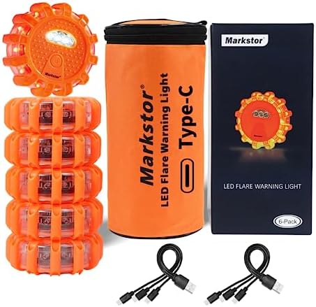 Markstor LED Road Flares 3 Pack Roadside Emergency Car Kit, Road Safety Flare Light USB Rechargeable (lithium battery),Safety Beacon Warning Light | 9 Flash Modes,With Magnet & Hook (6 Pack)