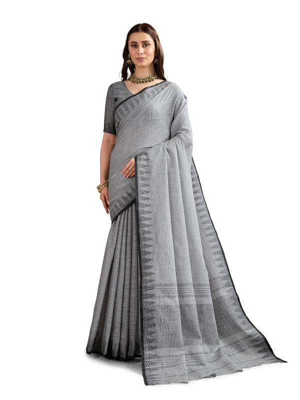 BFM Linen Handloom Saree with Solid Border & Unstitched Blouse Piece | Soft Lightweight Summer Daily & Festive Comfort Wear Saree for Women