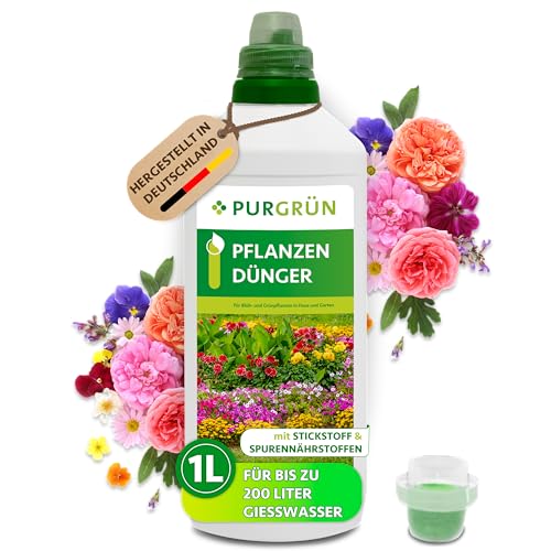 Purgrün® Pflanzendünger 1 Liter – Schnelles Wachstum Indoor & Outdoor – Premium-Flüssigdünger mit Spurennährstoffen – NPK 5+4+6 – Für leuchtende Blüten & gesundes Wachstum – Für 200 Liter Wasser