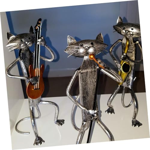 Statue de chat en métal argenté guitare, sculpture design maison