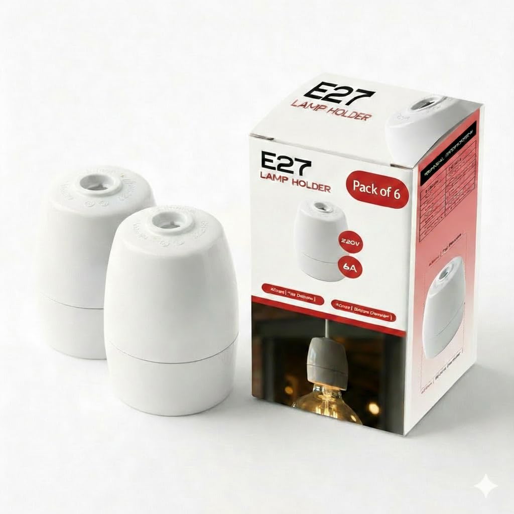 E27 Edison Screw Bulb Holder 6V Lamp Holder Socket Heat Resistant White with Brass Terminals, Durable High Temp Base for LED Light Fitting (Pack 6)
