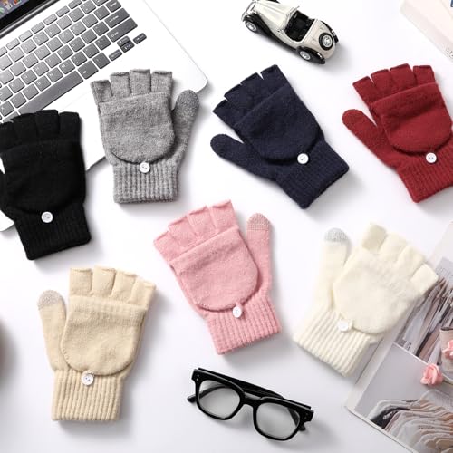 Premillow Winter Fingerless Gloves for Women, 4 Pairs Womens Winter Gloves | Warm Knit Half Finger, Typing Womens Glove Mittens with Flap Cover, 4 Pairs Convertible Fingerless winter Gloves for Womens - image 6