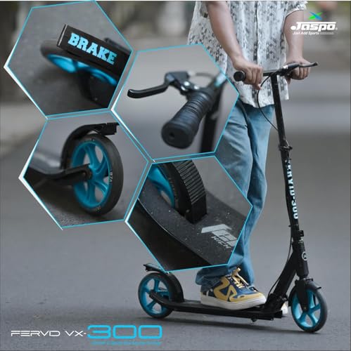 Image of Jaspo Fervid Vx-300 Aluminum Kick Scooter 175Mm Pu Wheels, Weight Limit 120 Kg,Front Rear Brakes,Grip Surface,for Tar Roads,3 Size Adjustments for Kids Youth & Adults (Fervid, Blue & Black)