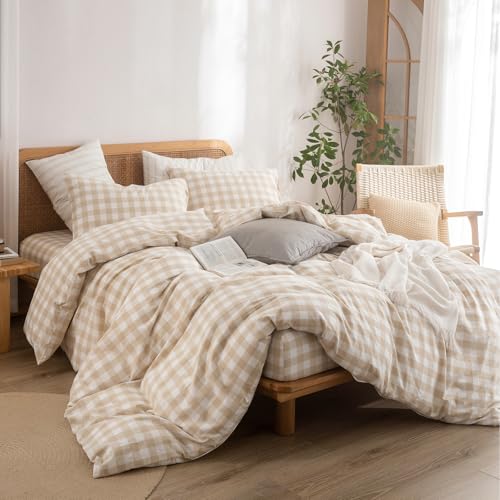Image of BESTOUCH Gingham Cotton Duvet Cover Set Almond Grey Twin | Washed Cotton, Linen Feel, Soft Wrinkle Texture, Hidden Zipper, 8 Ties, Breathable Lightweight Durable Comfy, 2 Pcs No Insert
