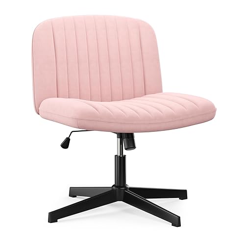 Naspaluro Armless Office Chair - Velvet Fabric Cross-legged Swivel Desk Chair with Wide Seat and Mid Back for Bedroom and Home Office - Height Adjustable - Pink - Pink - No Wheels