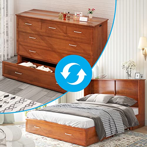 Mjkone Murphy Bed Chest with Charging Station, Queen Size Cabinet Bed Furniture with Foldable Foam Mattress,Space Saver Hidden Bed Frame with 2 Drawers,Cherry Mjkone Murphy Bed Chest with Charging Station, Queen Size Cabinet Bed Furniture with Foldable Foam Mattress,Space Saver Hidden Bed Frame with 2 Drawers,Cherry