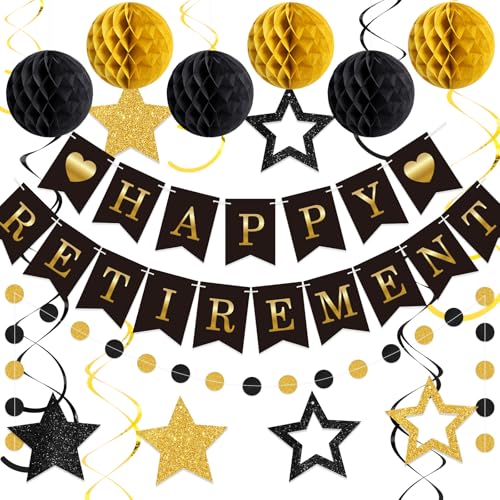 Image of Epakh 24 Pcs Retirement Party Decorations Black Gold Happy Retirement Banner Glitter Stars Hanging Swirl Streamers Honeycomb Balls Circle Dots Garland for Farewell Going Away Job Change Party