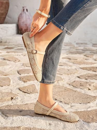 Image of Coutgo Womens Mary Jane Woven Flats Round Toe Ballet Flats Dressy Comfortable Slip On Shoes