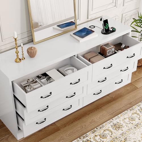 DWVO Farmhouse 6 Drawer Dresser for Bedroom, 59.5 Inch Large Modern Dresser TV Stand with Large Drawers & Bar Handles, Storage Dressers with Power Outlets, Rustic Wood Chest of Drawers, White New