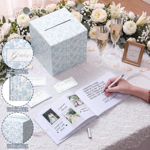 Image of Engrowtic 28 Pcs Blue Floral Wedding Guest Book with Card Box and Pen | Blue and White Guest Book, Bridal Shower, 9.1 x 6.7'', Cards, Elegant, Ribbon Tie, blank Side for Photos, Lined Side for Note