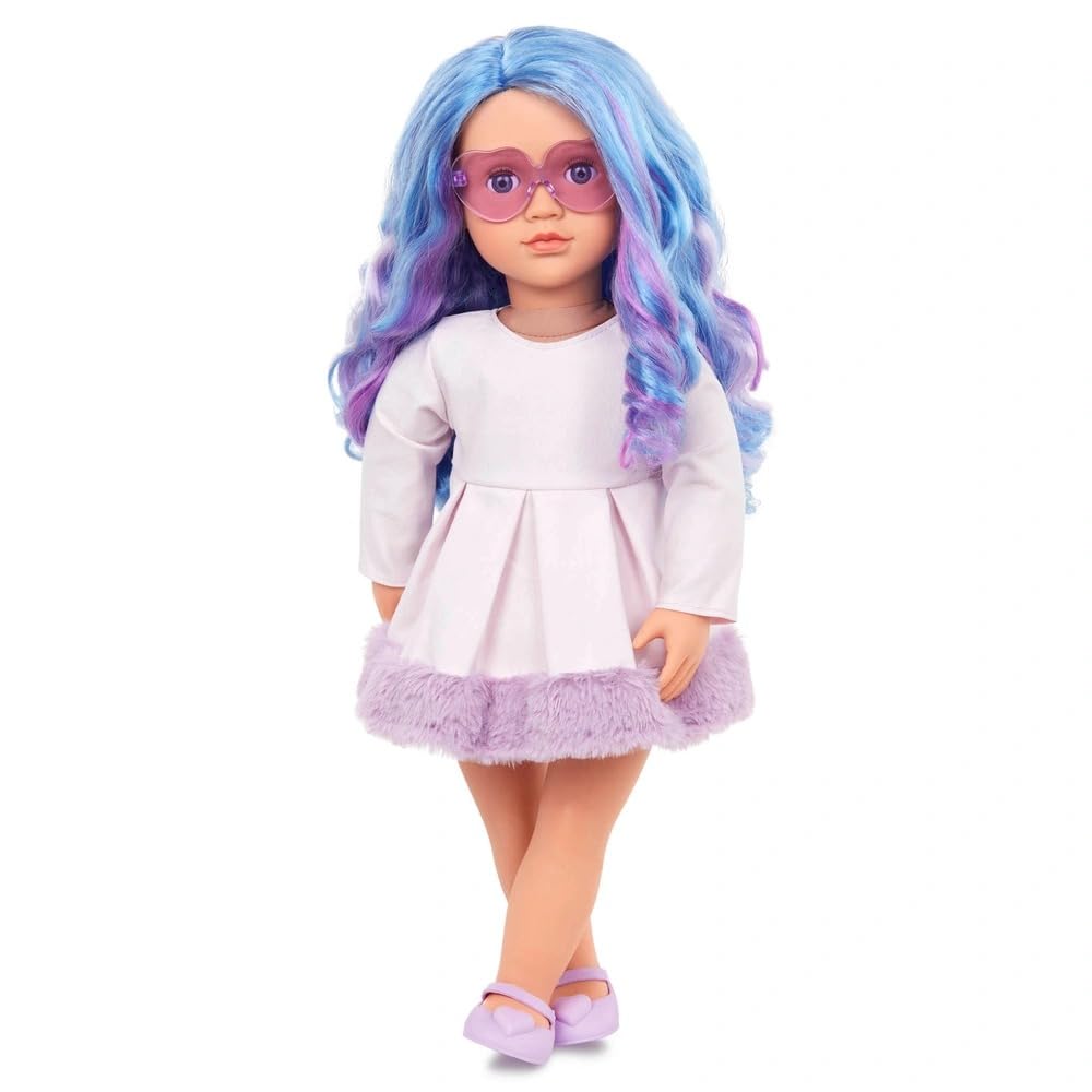 AIDNI Our G Veronika 18-Inch Fashion Doll with Multi-Coloured Blue & Purple Hair, Heart-Shaped Glasses and Faux Fur Dress