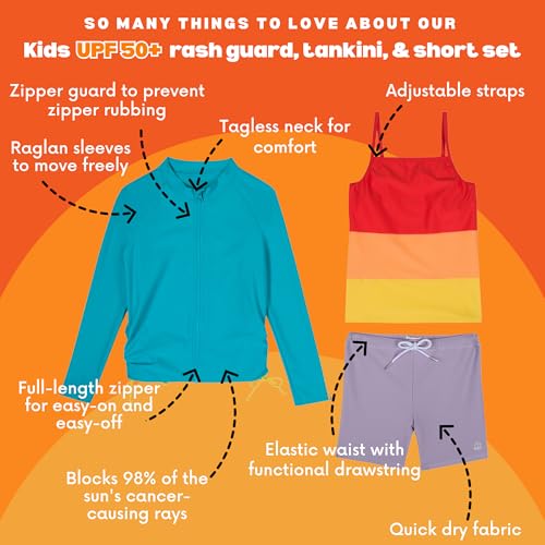 Image of SwimZip Girls' 3 Pc Swim Set w /Long Sleeve Rash Guard, Tankini & Shorts UPF 50+
