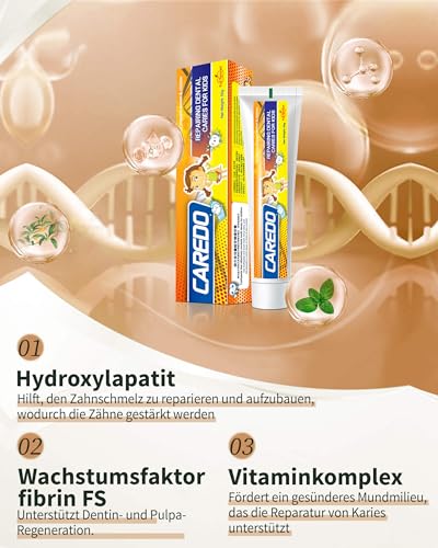 CAREDO Kinderzahnpasta, Geeignet für unter 12-Jährige, Schützt Milchzähne, Verhindert Karies, Sicher zu Schlucken, Fruchtgeschmack – 50g Pro Tube – Bild 4