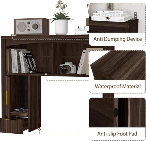 Image of Desktop Shelf, Wooden Desk Hutch with Storage, Desktop Bookshelf with Cabinet and Drawer, Office Desk Organizer, Space-Saving Organization, Over Desk Storage Shelves for Home, Dorm, Walnut