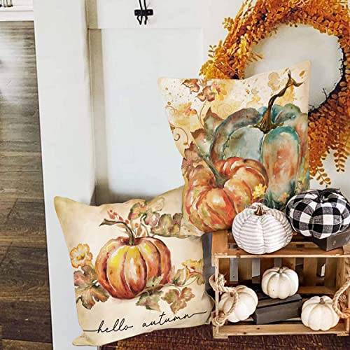Faromily Fall Pumpkin Pillow Covers 18X18 Inch Set Of 4 Watercolor Pumpkin Turkey Autumn Harvest Decorative Throw Pillow Cases Autumn Thanksgiving Quotes Holiday Outdoor Cushion Covers For Sofa #TOP2