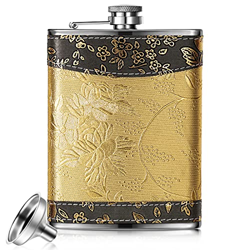 8 Oz Gold Wine Flask Stainless Steel Hip Flask Metal Flask Stainless Steel Pocket Flask with Stainless Steel Funnel for Women Men Drink Bar BBQ Wedding Traveling Party Drinking Supplies