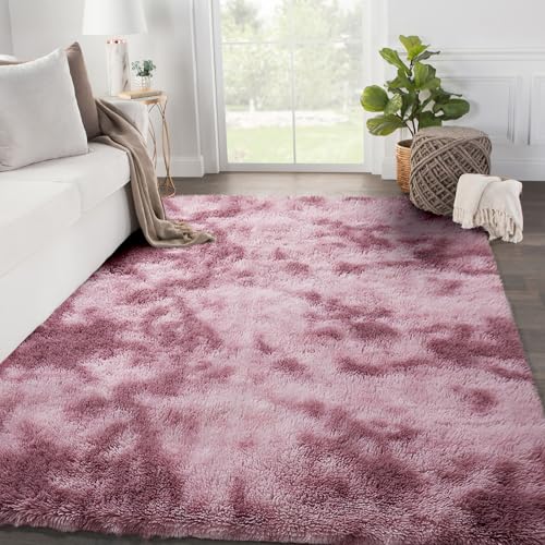 Image of SOANNY Rugs Living Room, Soft Fluffy Tie-Dye Area Rug Dark Pink, 120x180cm