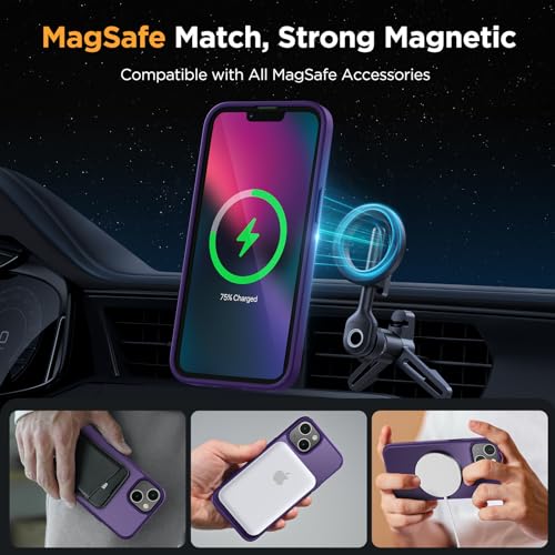 Image of Miracase Magnetic for iPhone 13 Case 6.1 inch (Compatible with MagSafe)(with 2X Screen Protectors) Military-Grade Protection, Anti-Fingerprint Translucent Matte Phone Case Cover, Dark Purple