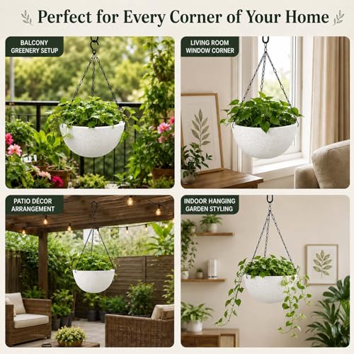 Image of Go Hooked Henri Hanging Planter Pot for Indoor & Outdoor Plants Pack of 5 | 7 Inch Plastic Hanging Pots with Metal Chain | Decorative Round Hanging Planter for Balcony, Garden & Home Decor (Marble)