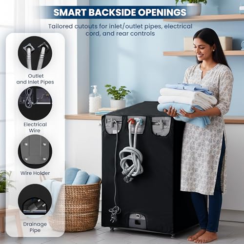 Image of Robustt Top Load Fully Automatic Washing Machine Cover for 8 Kg, 8.5 Kg, 9 Kg, 9.5 (Black) | Waterproof & Dustproof Polyester Fabric with Zipper | Protection Cover | 63 x 63 x 93 cms