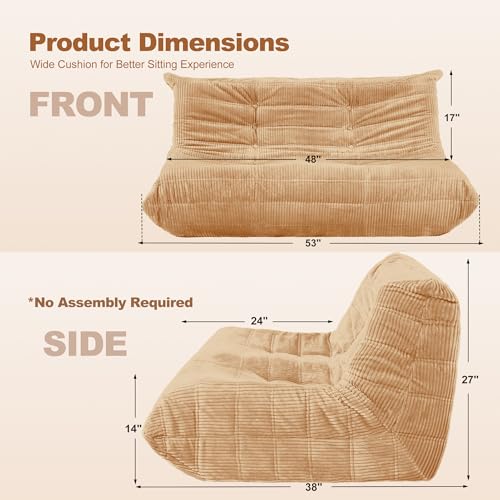 Image of Bean Bag Chair,Giant Beanbag Chairs for Adults,Comfy Large Fireside Chair Lazy Sofa,Corduroy Bean Bag Lounger with Memory Foam Filled,Floor Sofa Couch for Home,Living Room (Khaki, Loveseat)