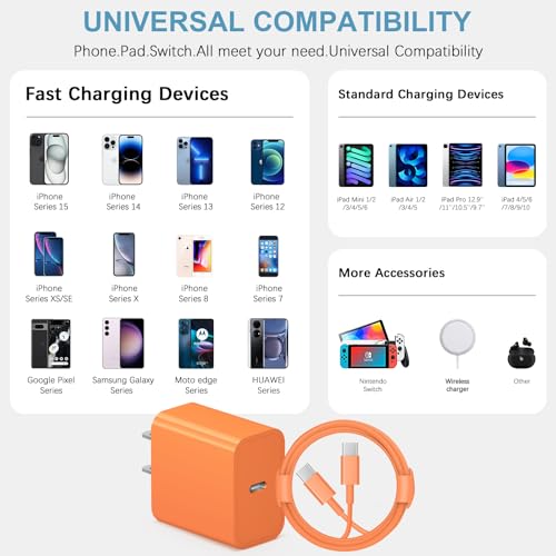 Image of iPhone 17 16 15 Charger Fast Charging Type C Chargers USB C Charger Block iPhone 17 16 15 Air Pro Max Chargers with 12FT Cable for iPhone 17 /17 Plus /17 Pro Max /16 /16 Plus /16 Pro Max /15 Pro Max(Orange)