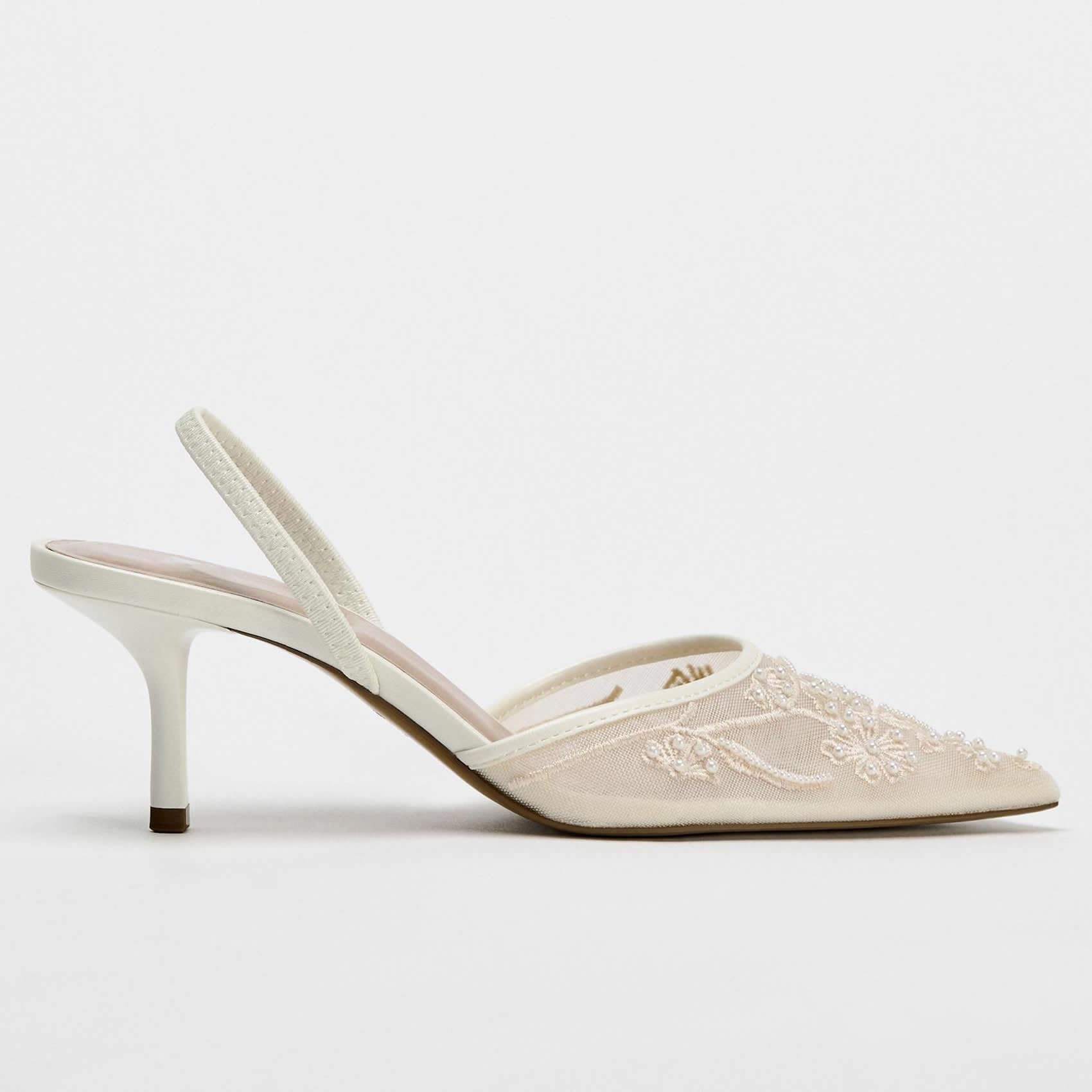Scarpe col Tacco a Spillo con Cinturino Posteriore e Fiocco da Donna, Tacchi a Gattino con Punta affilata, Perline Ricamate in Rete, Scarpe da Sposa per Feste e Matrimoni,1 White,37 EU