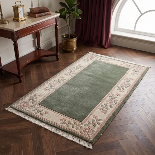 Steffensmeier Nepal Teppich Classica | Schurwolle, Grün, Größe: 90x160 cm, Wollteppich, Muster, Wohnzimmer
