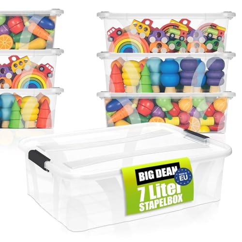 BigDean 3 Stück Aufbewahrungsbox mit Deckel 7 L flach und Transparent – Aufbewahrungsbox stapelbar & Made in Europe