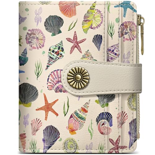 Image of Small Wallet for Women, RFID Blocking Bifold Card Holder Wallet with 10 Card Slots, Cash Compartment, Zipper Coin Pocket & ID Window, Cute Soft Vegan Leather Compact Wallet, Sea Shell