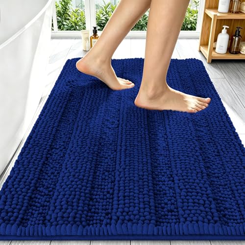 Image of Smiry Thick Chenille Bathroom Rugs 34x21, Extra Soft Absorbent Striped Bath Mat, Machine Washable, Rubber Backing, Bath Rugs for Bathroom, Tub & Shower, Modern Home Decor Accessories, Navy